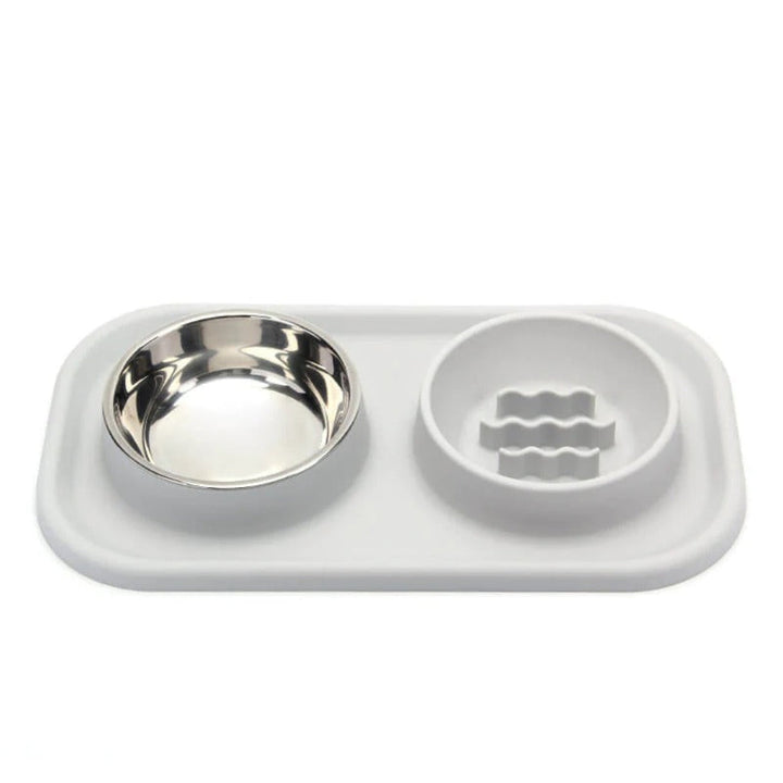 Complete pet feeding solution: slow feeder dog & cat food water bowl, dual design for healthy digestion.