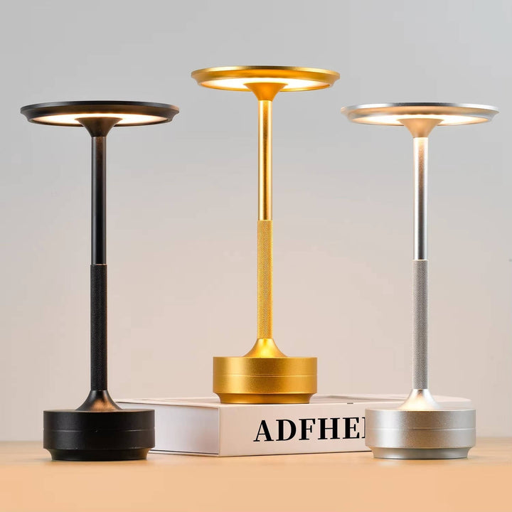 Rechargeable touch table lamp with stepless dimming & 3 color temperatures for flexible use.