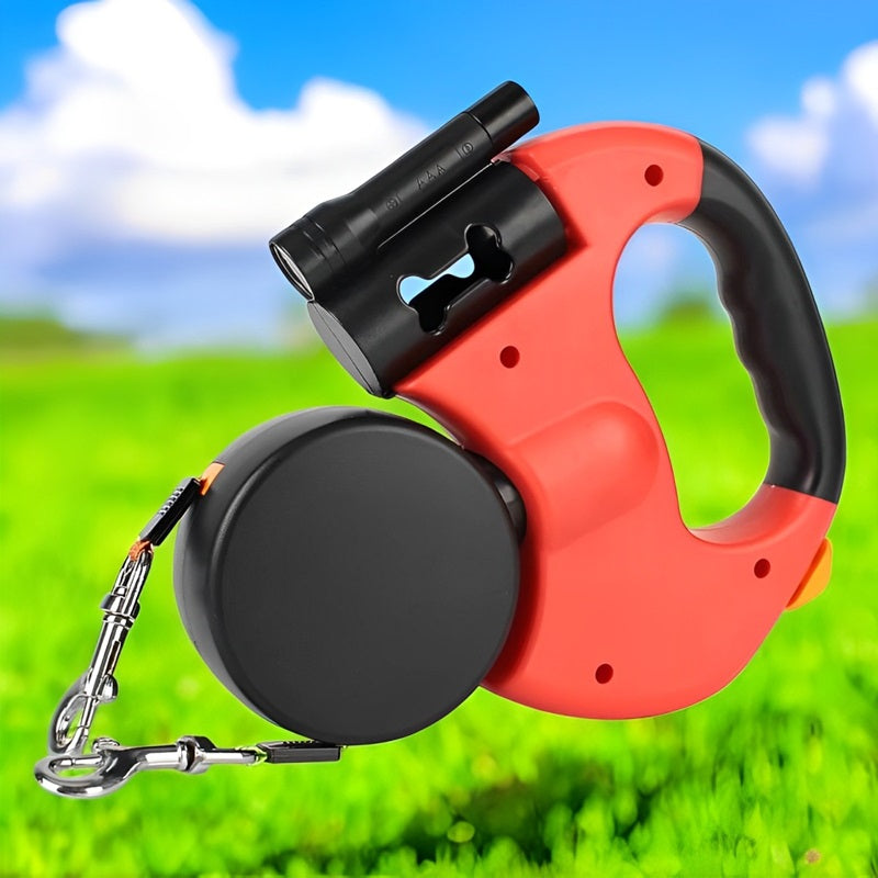 Dual retractable dog leash with built-in flashlight, tangle-free design for two pets, night walking safety