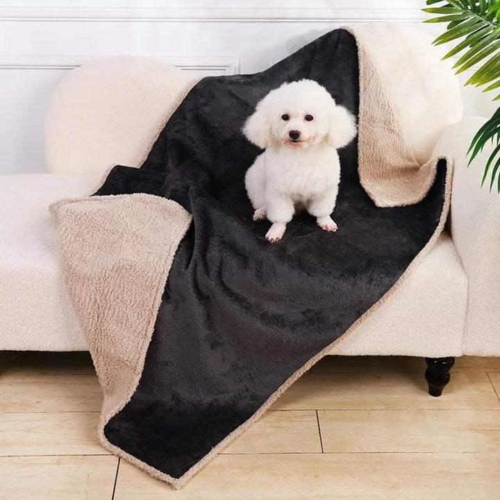 Dual-sided waterproof pet blanket for dogs & cats, gray plush sherpa fleece on one side, soft for pet bed
