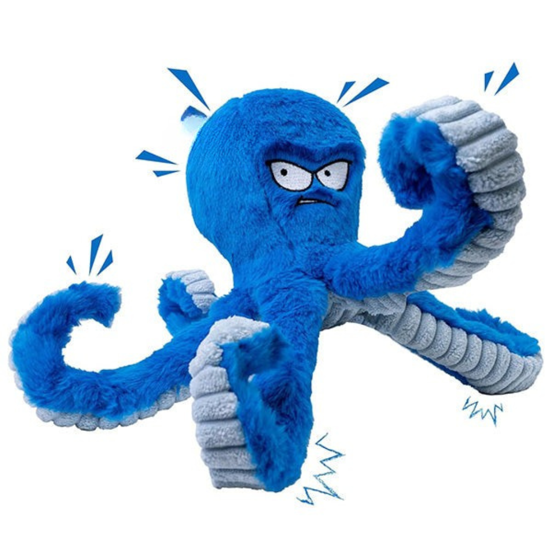 Durable blue octopus plush dog toy for aggressive chewers, 8 squeakers, for medium to large dogs