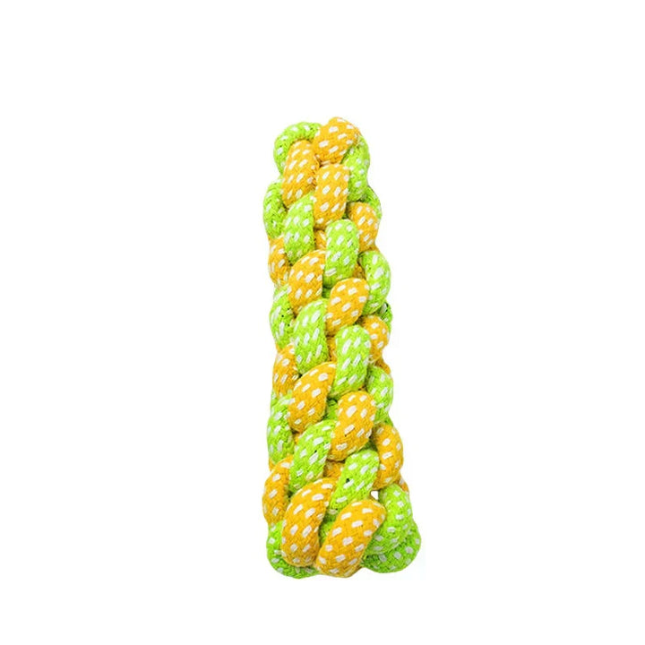Hand holding a durable tightly knotted rope dog toy, emphasizing its robustness for aggressive chewers.
