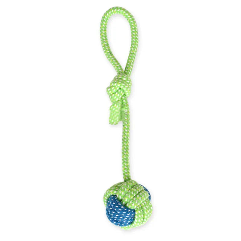 Close-up of a sturdy multi-knotted rope dog toy, ideal for chewing & plaque removal in large dogs.
