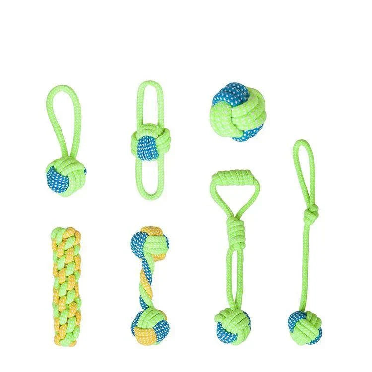 Knotted rope dog toy with fringe ends, designed for tugging games and oral stimulation as a chew toy