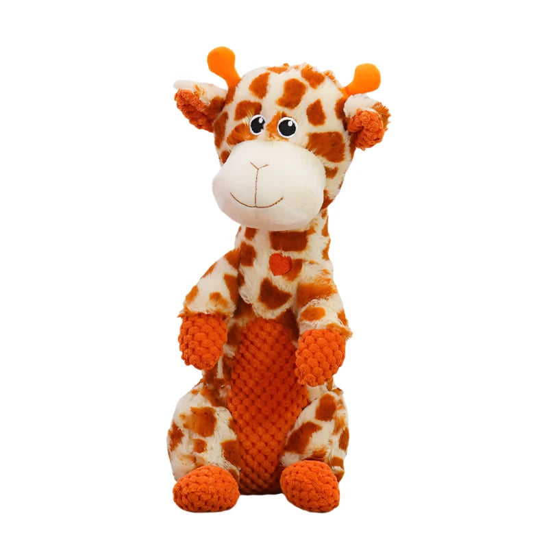 Tough plush squeaker dog toy, designed to withstand aggressive chewing, side view