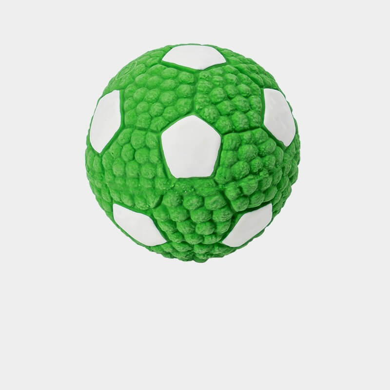 Yellow latex squeaky dog ball, chew resistant and interactive for fun pet play sessions.