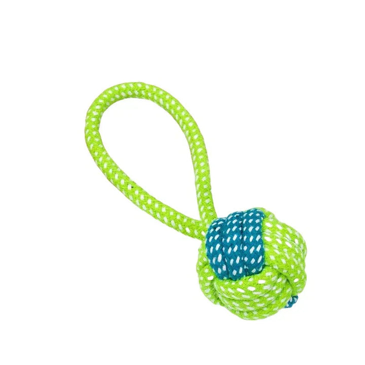 Close-up of the woven texture of a durable rope chew toy for dogs, showcasing its robust construction