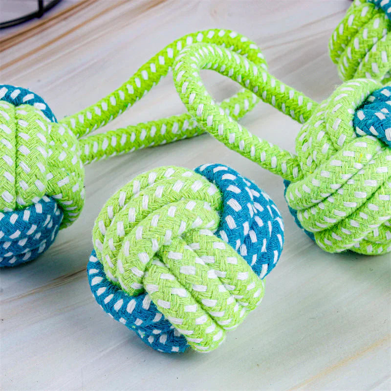 Puppy playfully biting a braided Rope Chew Toy, excellent for teething and dental hygiene