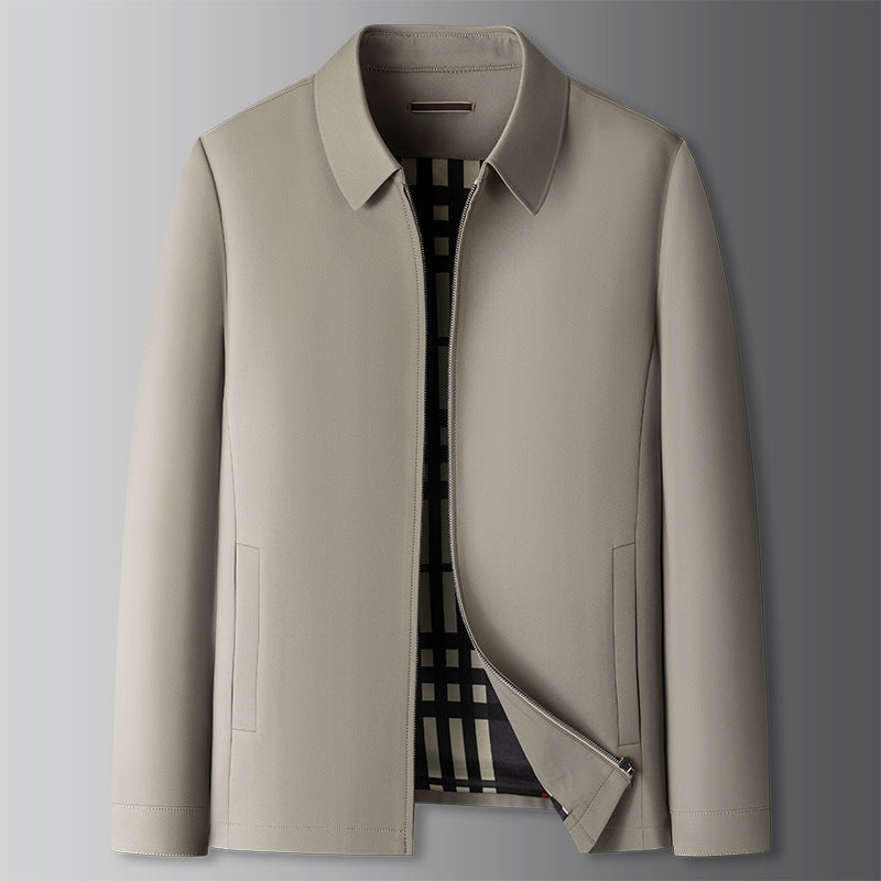 Men's khaki zip-up jacket for everyday casual wear. Comfortable collared outerwear, available in big and tall sizes.