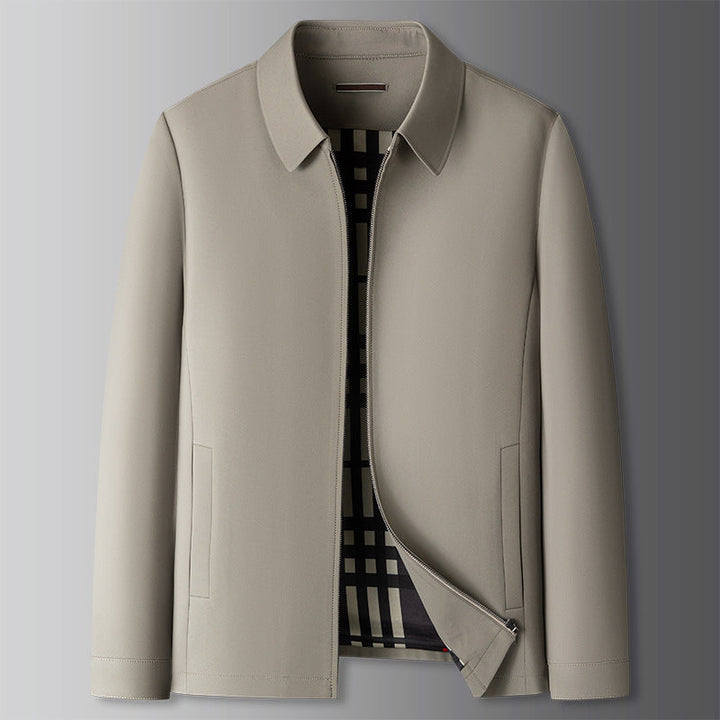 Men's khaki zip-up jacket for everyday casual wear. Comfortable collared outerwear, available in big and tall sizes.