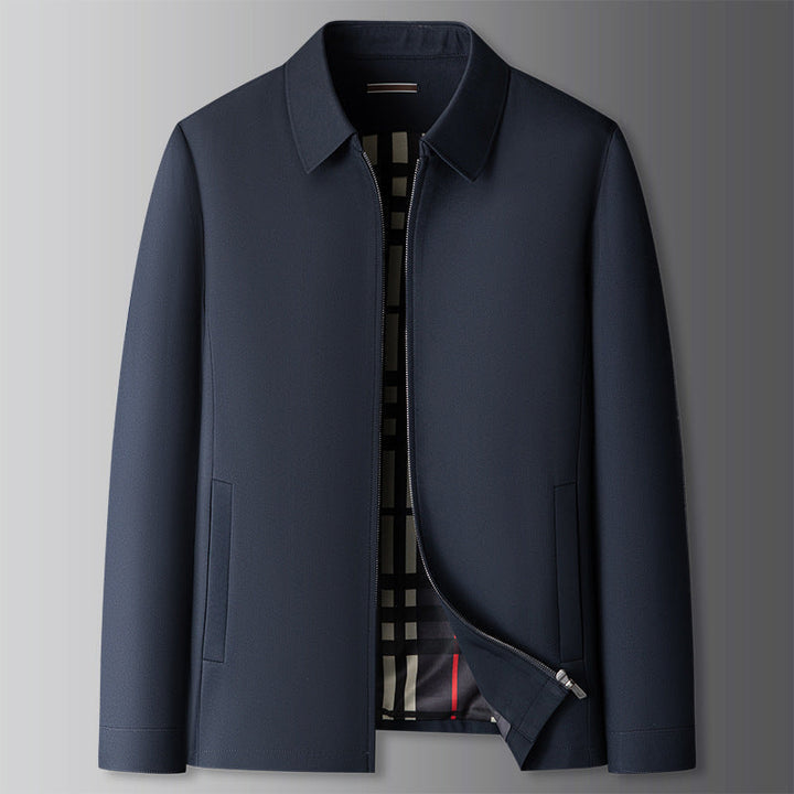 Stylish men's navy collared zip-up jacket. Ideal casual outerwear for everyday fashion & comfort.