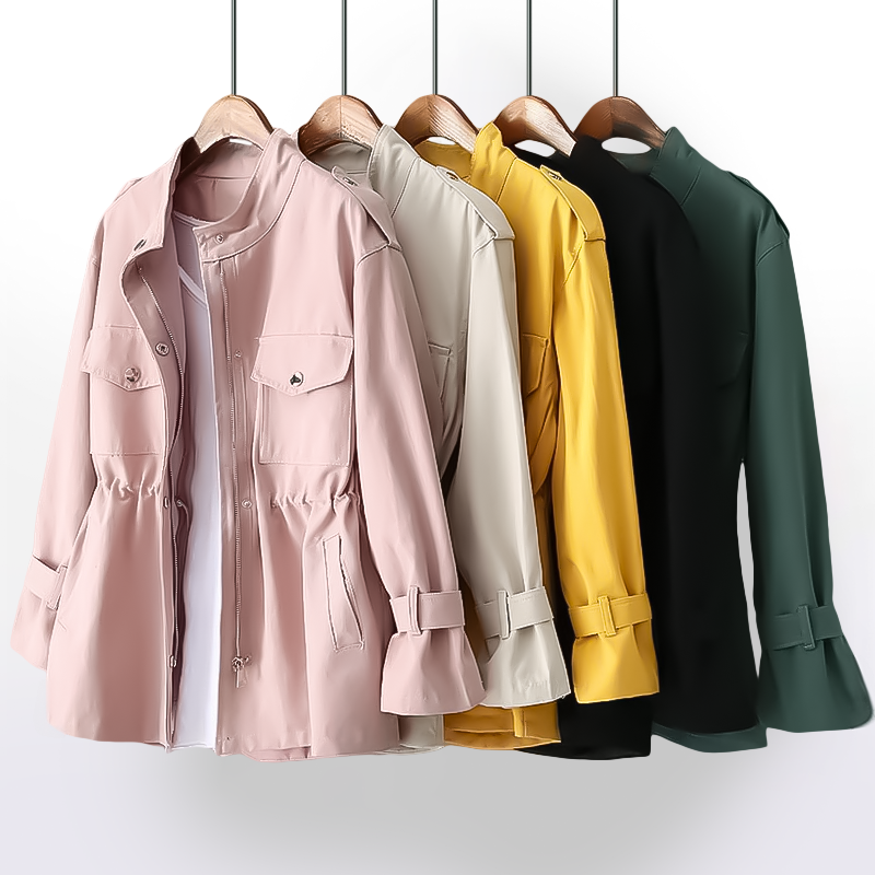 Women's stylish waterproof rain coat with a cinched waist for a flattering fit.