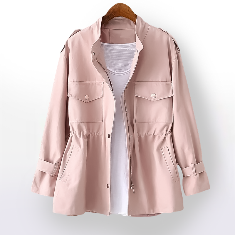 All-weather women's rain jacket with cinched waist, combining style & protection.