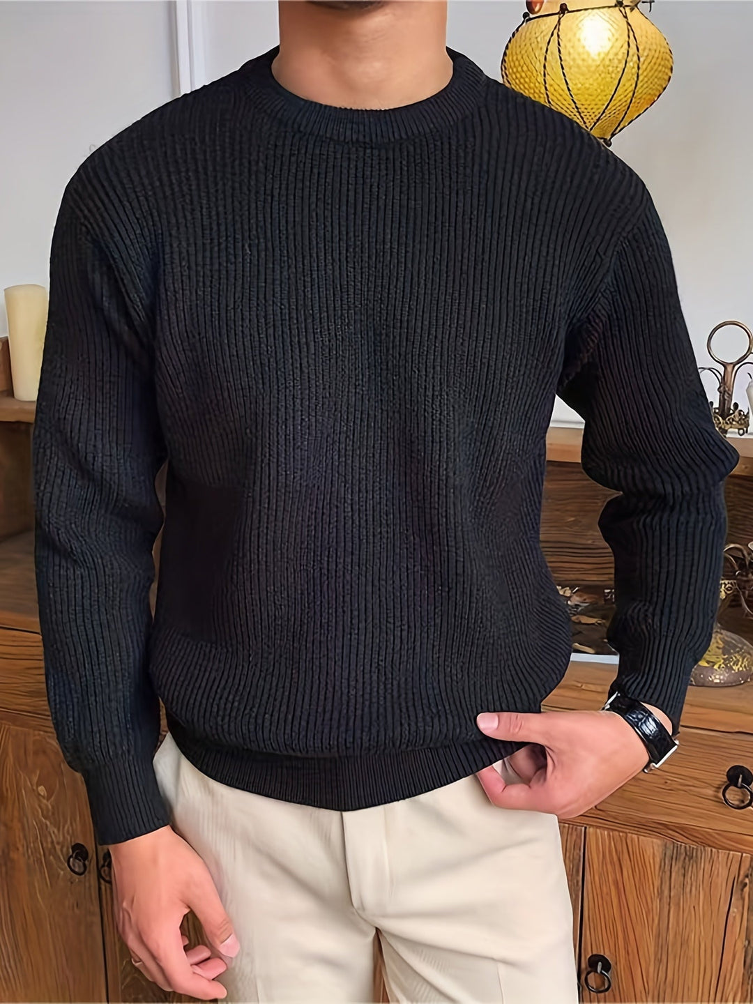 Black Men's Milan Crew Neck Top, a comfortable and casual long sleeve pullover for daily style.