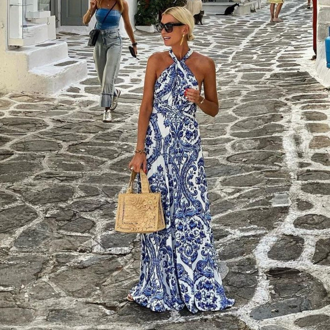 Stylish sleeveless women's halter maxi dress with A-line silhouette, a comfortable & elegant blue summer sundress.