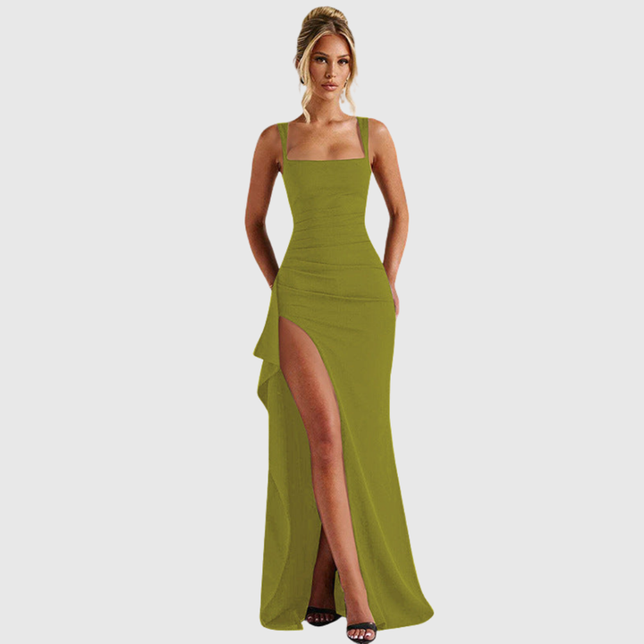 Woman in elegant bodycon maxi dress, perfect for formal evening parties & special occasions.