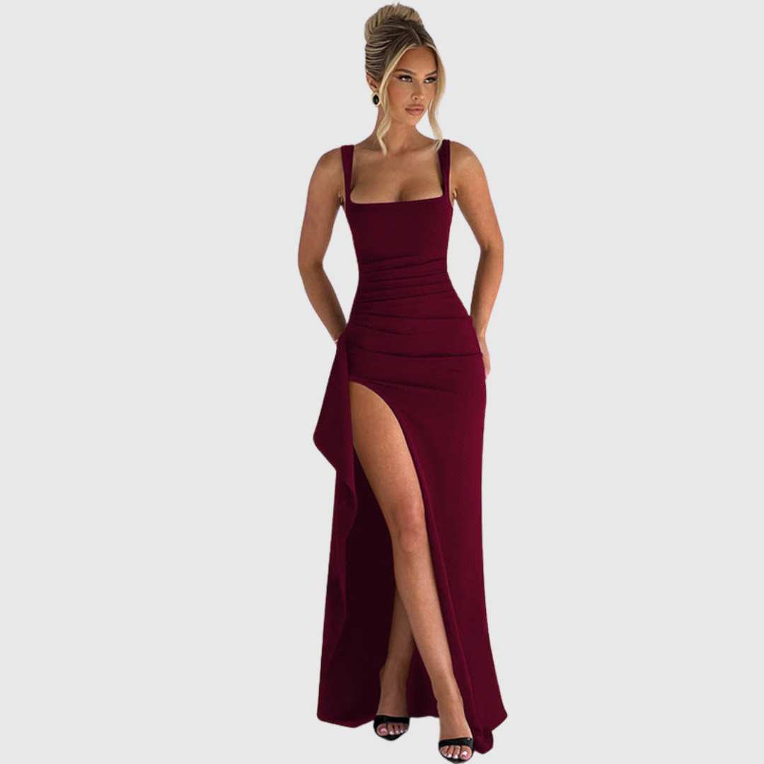 Sophisticated bodycon maxi dress for wedding guests. Elegant formal gown for evening events.
