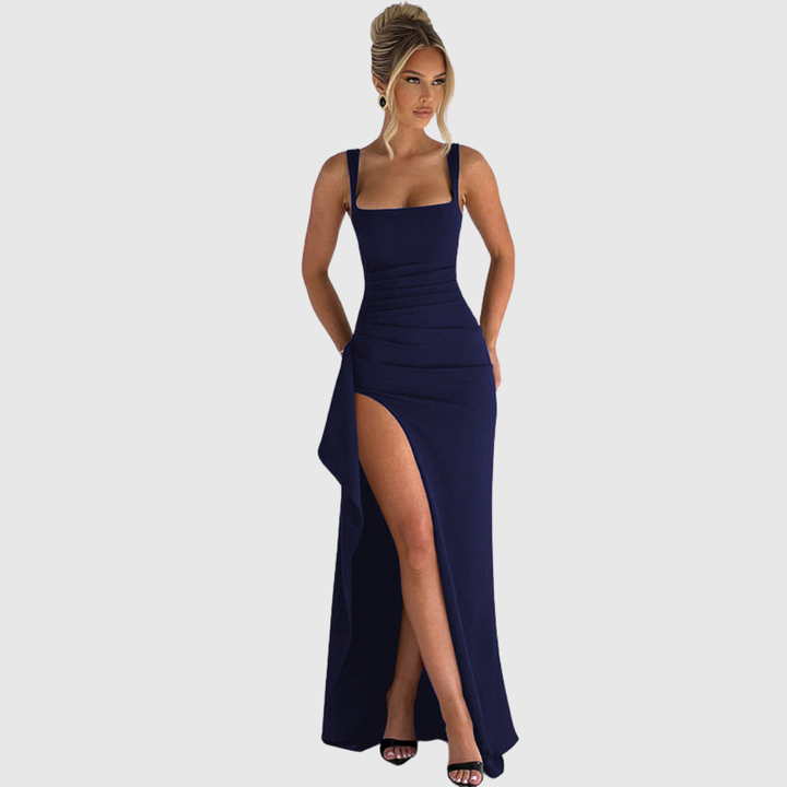 Elegant bodycon maxi dress, stylish back view for women's formal evening wear & galas.