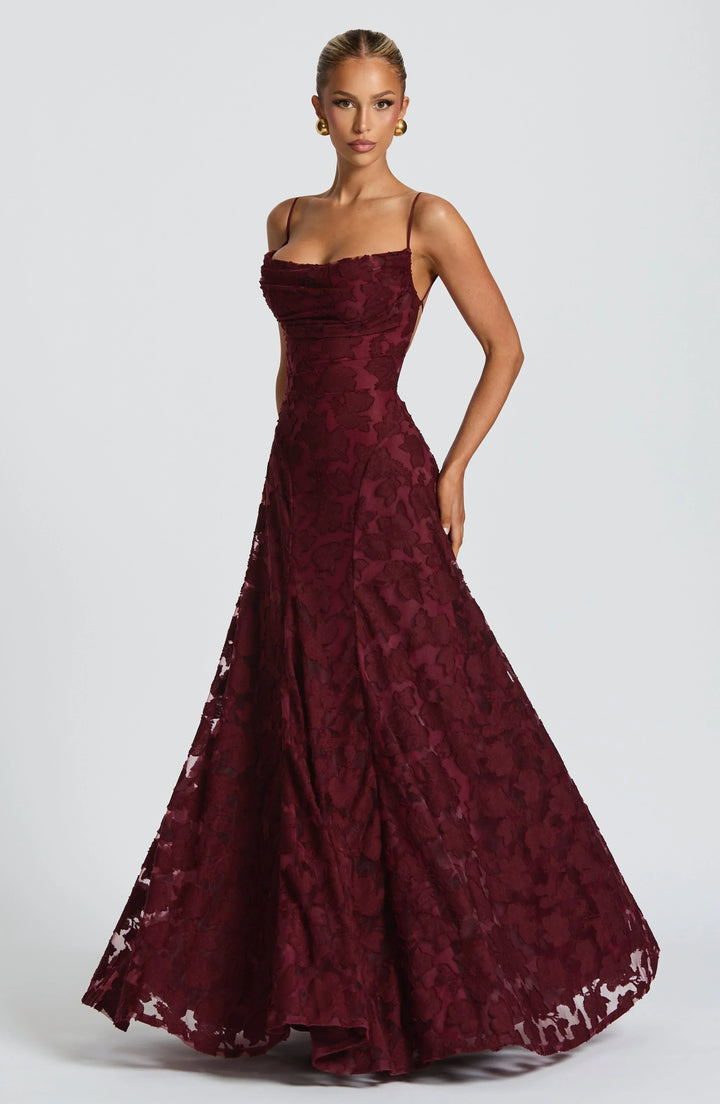 Women's formal floral maxi dress, elegant strappy A-line gown for weddings, galas & special occasions.