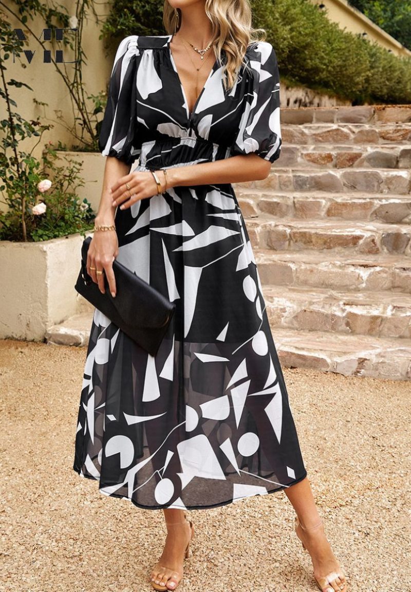Vacation-perfect floral print puff sleeve midi dress, V-neck, A-line, and super feminine.