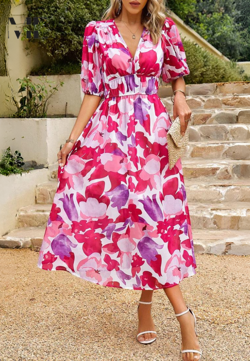 Casual yet elegant women's floral midi dress, puff sleeves, V-neck, comfortable for everyday.