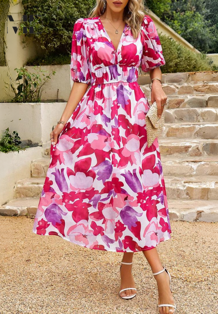 Casual yet elegant women's floral midi dress, puff sleeves, V-neck, comfortable for everyday.