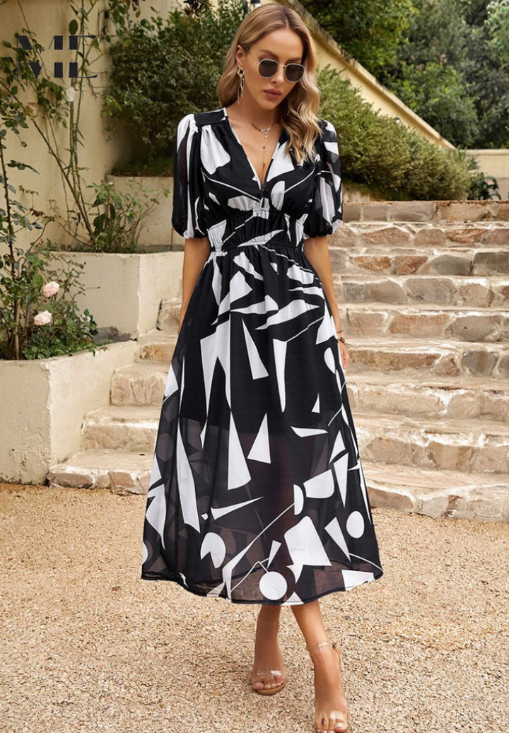 Versatile women's elegant floral print midi dress, puff sleeves, V-neck, perfect for any occasion.