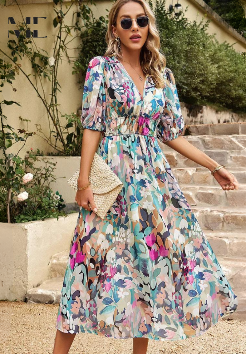 Casual women's floral midi dress with elegant puff sleeves, V-neck, and A-line silhouette.