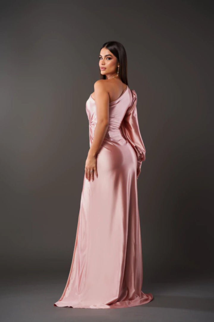 Women's elegant party maxi dress with a one-shoulder design and ruched detail.