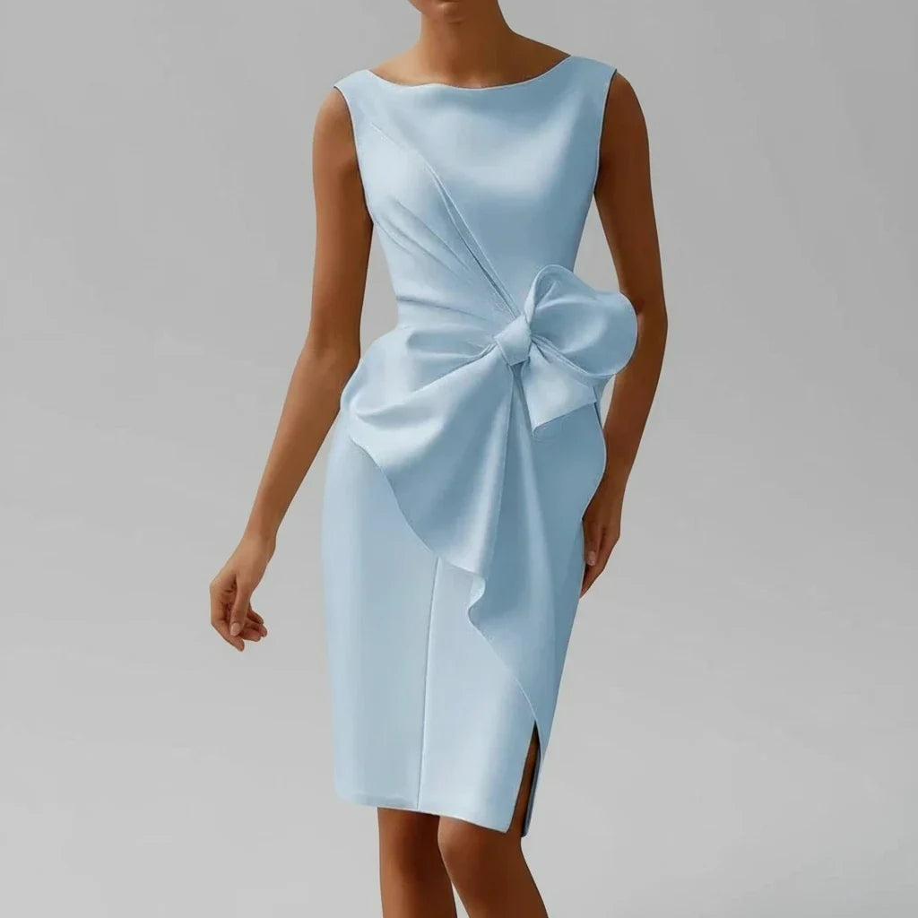 Chic blue women's cocktail midi dress featuring a stylish bow, suitable for formal events & parties.