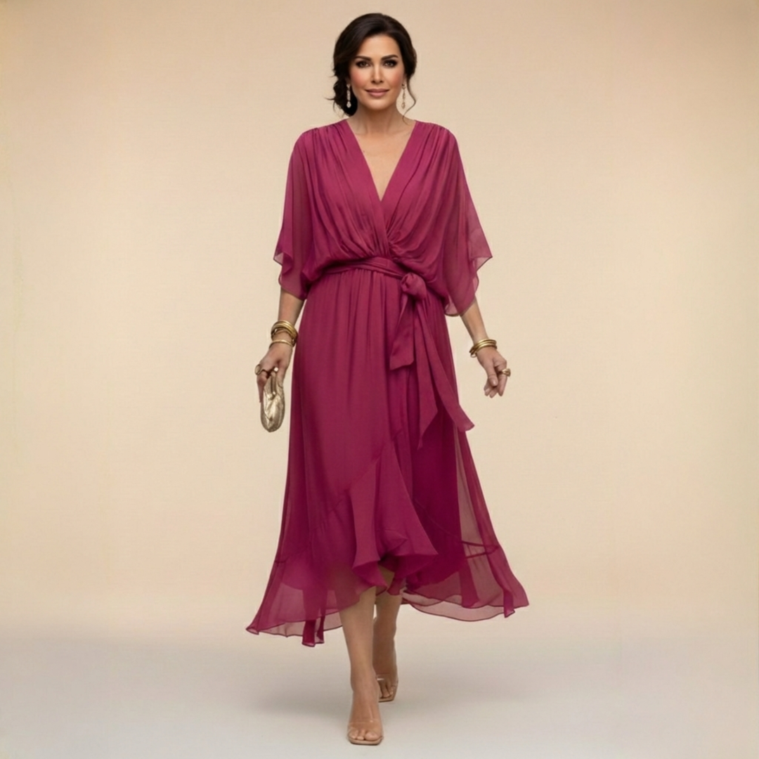 Comfortable & flattering women's V-neck wrap midi dress, elegant for all-day wear.