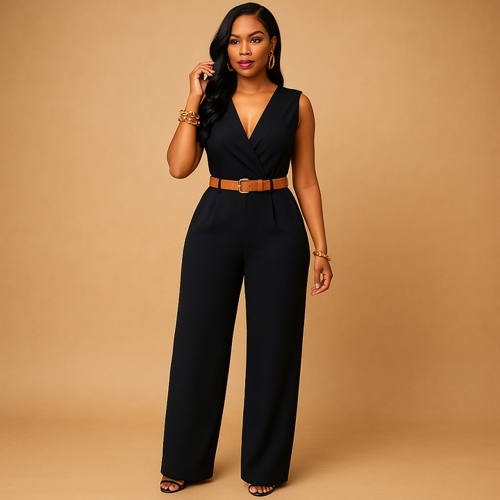 Stylish women's formal V-neck jumpsuit. Perfect party wear or elegant evening outfit. High waist design.