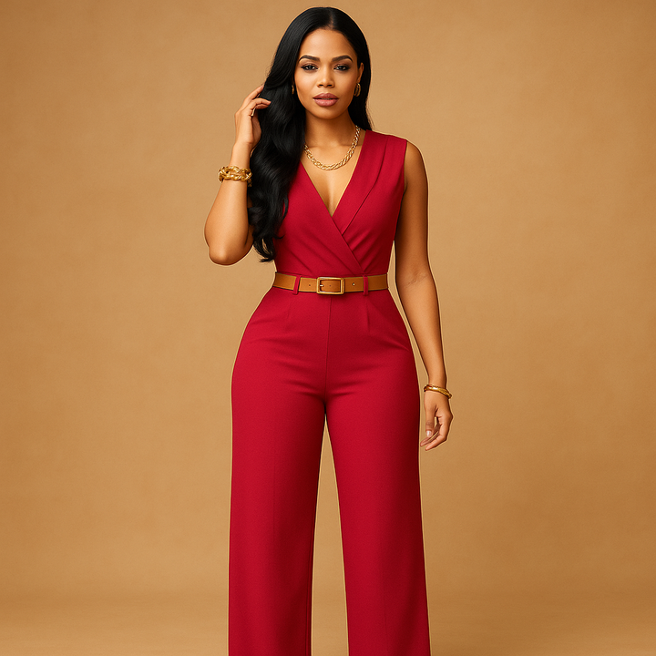 High-waisted women's elegant jumpsuit with a deep V-neck. Flattering and stylish for formal evening wear.
