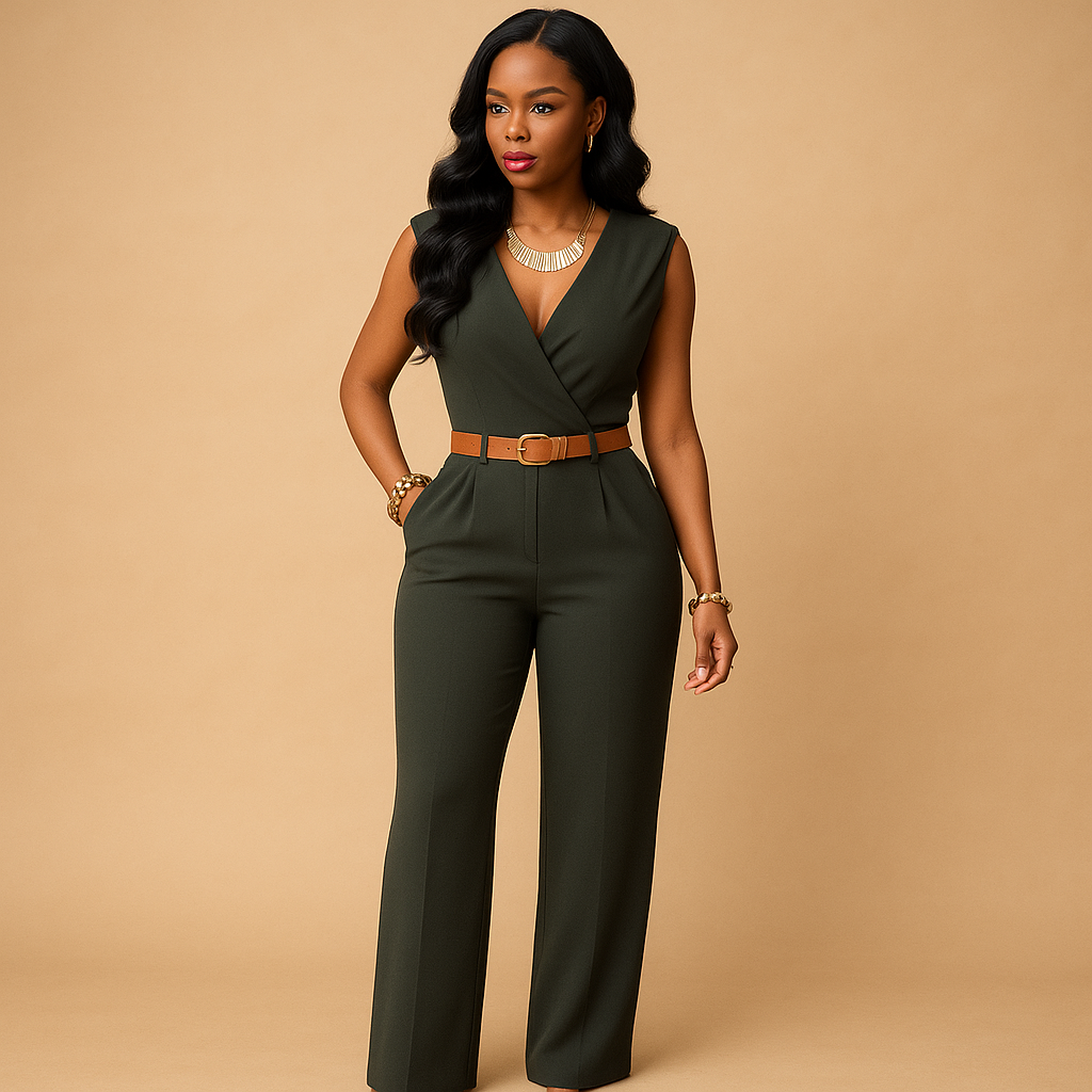 Sophisticated women's V-neck jumpsuit. Elegant high-waist design, ideal formal or party evening attire.