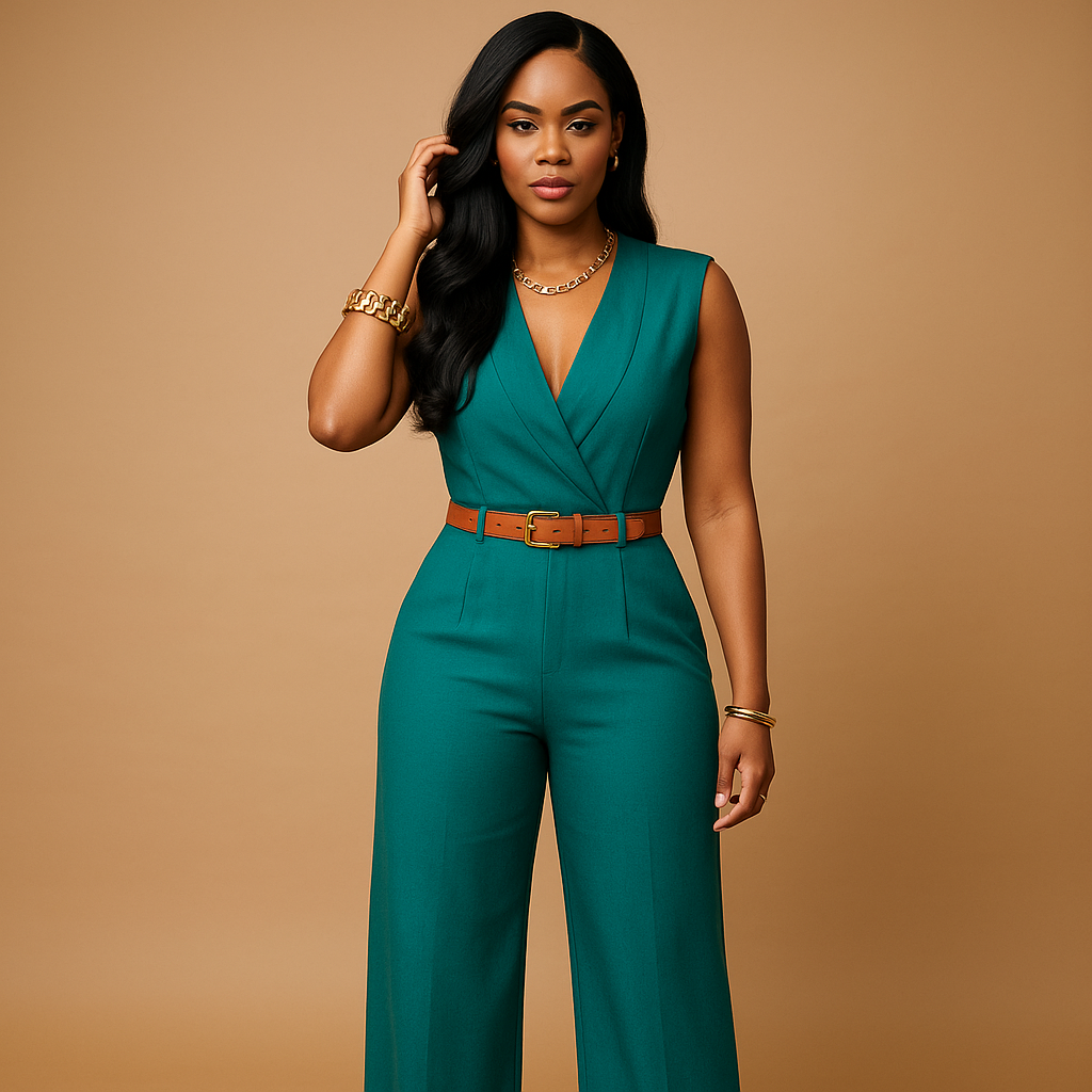 Elegant women's deep V-neck jumpsuit for evening wear & special occasions. Flattering high waist style.