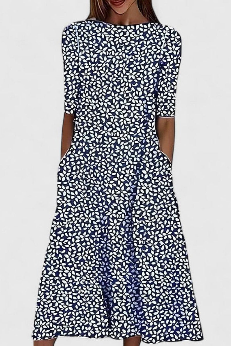 Women's A-line short-sleeve midi dress in elegant white. A comfortable and versatile summer day dress.