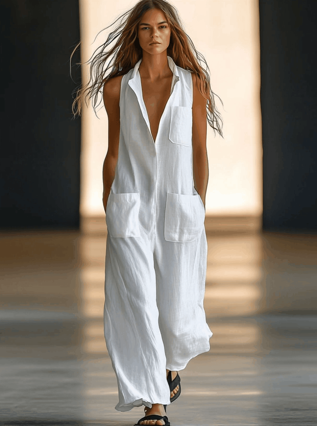Chic women's white sleeveless V-neck jumpsuit with a relaxed wide-leg fit and convenient pockets, ideal for casual summer style.