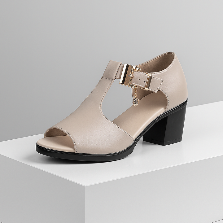 Elegant women's buckle block heels, perfect for day-to-night style. Versatile and chic fashion footwear.