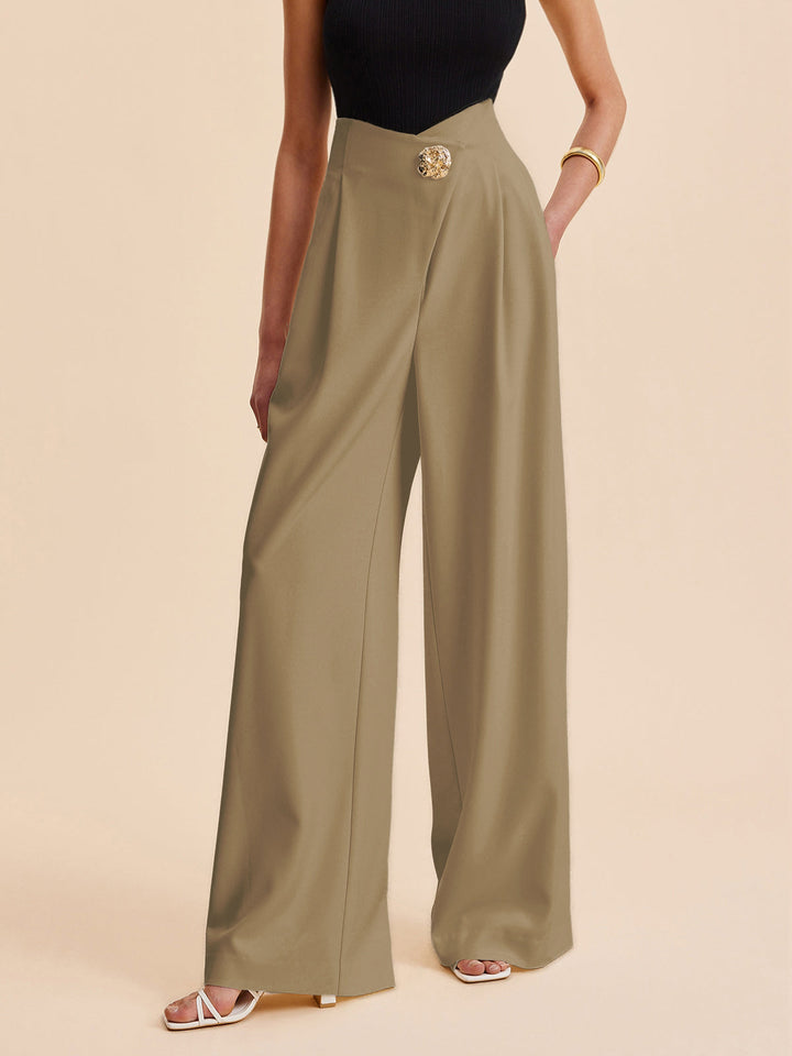 Regular fit women's high-waist wide-leg pants. Embellished design makes them ideal for elegant workwear.