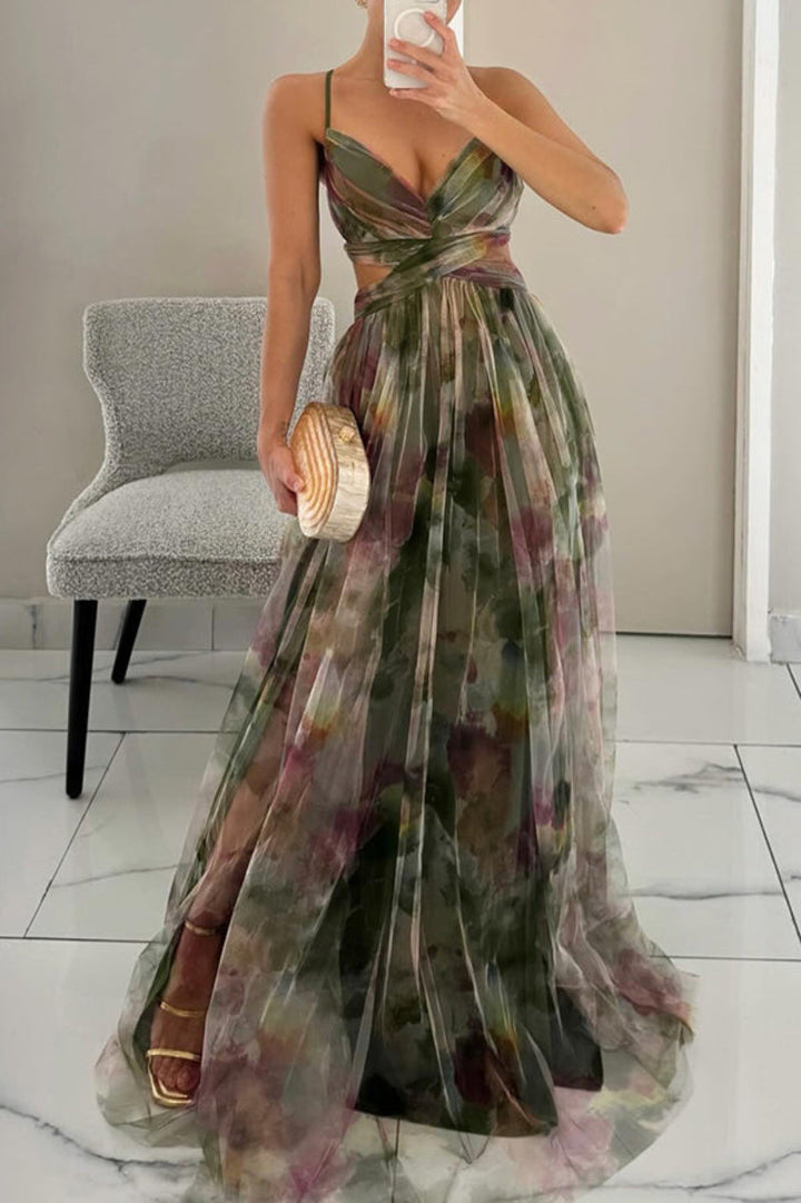 Flowy women's floral maxi wrap dress, V-neck, ideal for wedding guests. Stylish sleeveless formal elegant attire.