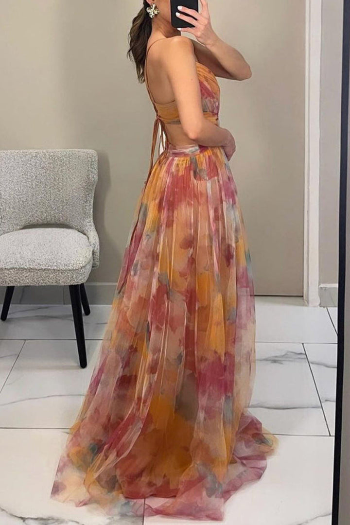 Women's formal floral wrap maxi dress with V-neck, elegant and sleeveless. Perfect wedding guest outfit.