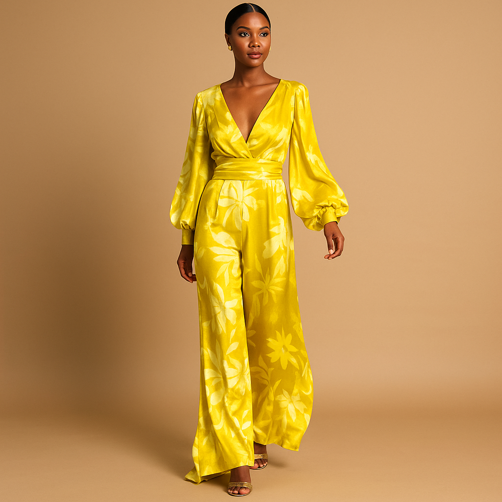 Stylish women's floral wrap maxi dress with balloon sleeves, a perfect elegant party or evening wear choice.