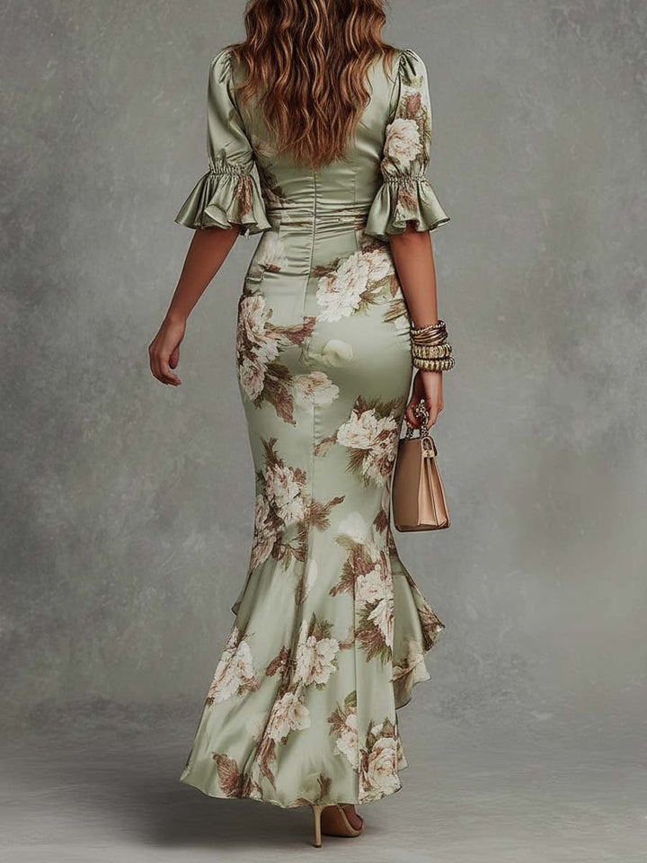 Women's elegant green asymmetrical maxi dress, ideal for evening, formal, or special occasion fashion.