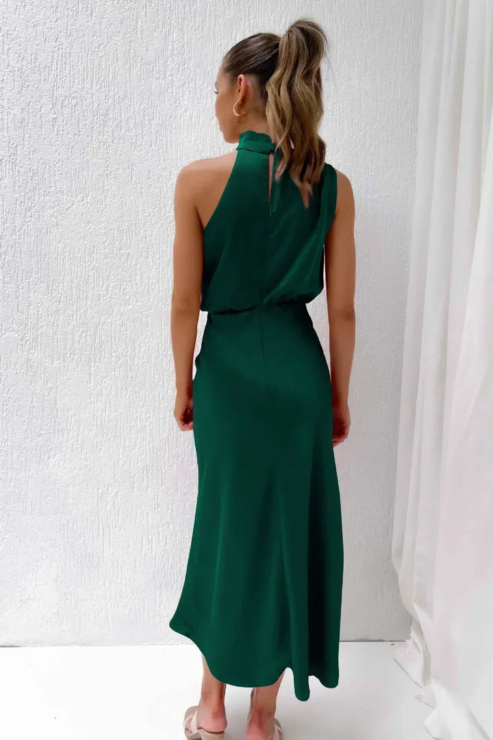 Special occasion women's dress: elegant halter evening wear with open back, floor-length cut.