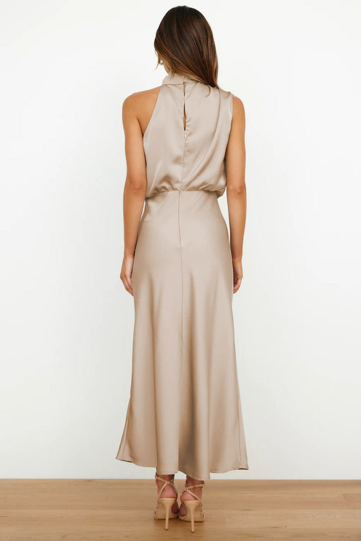 Beautiful women's floor-length evening gown with a flattering halter neck and alluring open back.