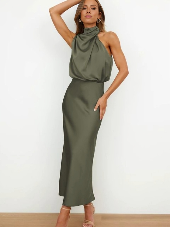 Women's special occasion dress: classic halter neck, open back, floor-length, formal design.