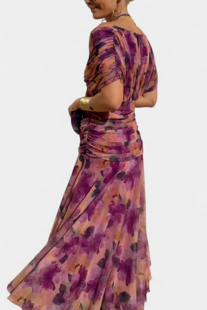 Sophisticated women's off-shoulder cocktail dress, a draped maxi style perfect for elegant evenings.