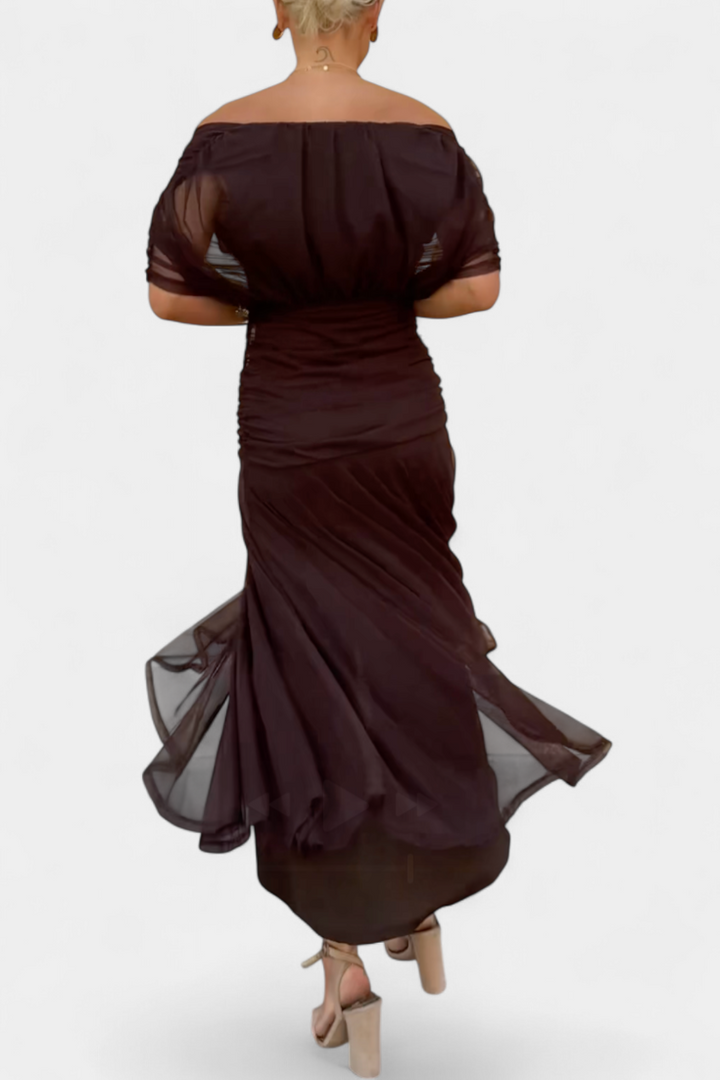 Beautiful off-shoulder party dress for women, elegant draped maxi style. Perfect as a wedding guest dress.