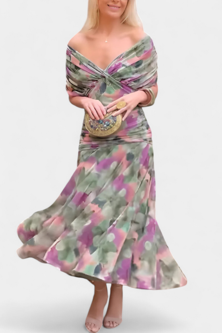 Women's formal off-shoulder maxi dress, gracefully draped for an elegant look. Ideal for cocktail events.