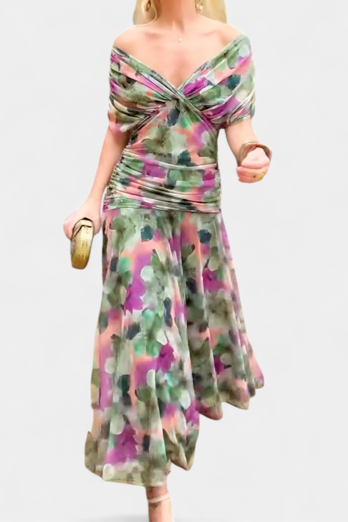 Stylish off-shoulder long evening dress for women, with elegant draping and a sophisticated silhouette.